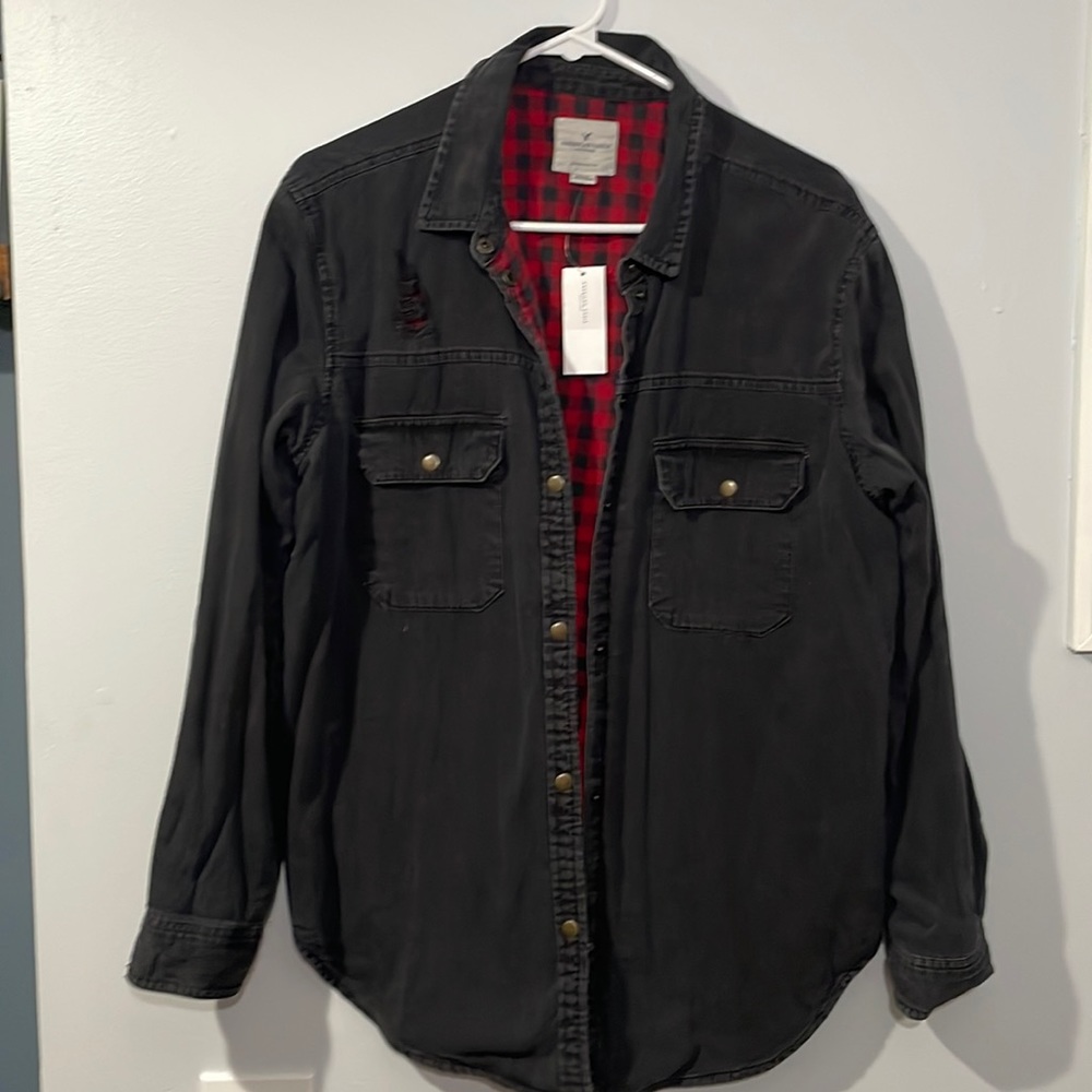 New American Eagle Distressed Black denim and Red flannel